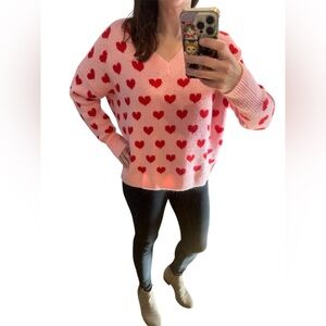 CeCe Pink Heart Patterned Women's Sweater